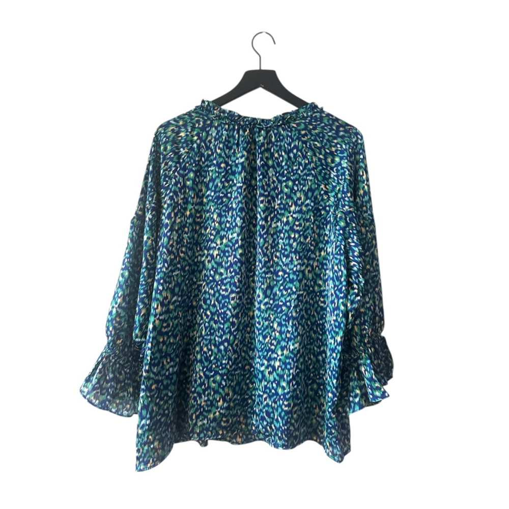 AnnieWear Los Angeles Boho Chiffon Blouse L Blue Green Ikat Ruffle Sleeve - Picture 9 of 10